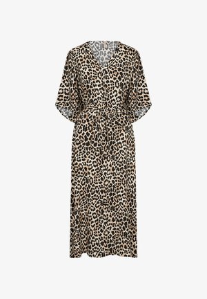 Šaty s leopardím vzorom, zavinovacie s výstrihom do V, krátkymi rukávmi a viazaním v páse. Vyrobené z mäkkej látky, s béžovo-čiernym farebným vzorom.