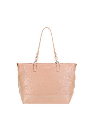 Sac fourre-tout en cuir rose avec finition texturée, quincaillerie en argent, doubles poignées et fermeture éclair. Présente un subtil accent blanc à la base.