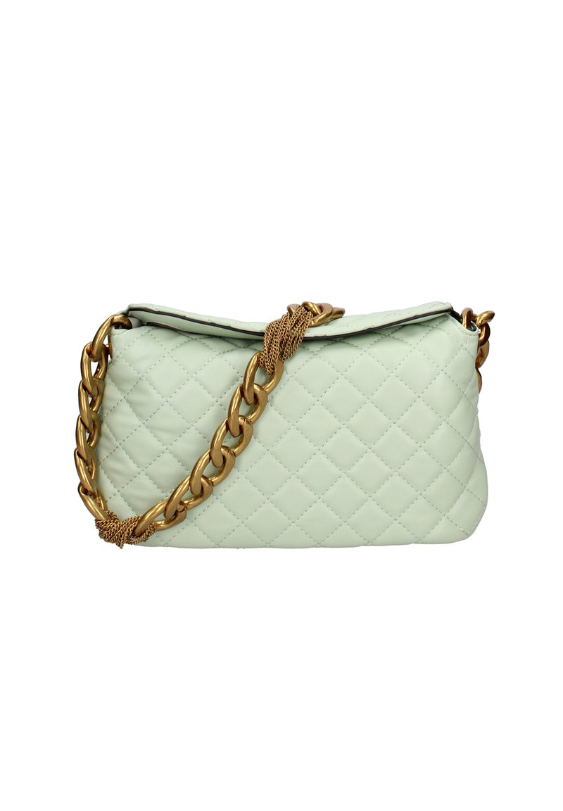 Borsa in mint green trapuntata con una tracolla in catena dorata, caratterizzata da una texture liscia e da una forma rettangolare strutturata.