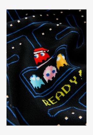 Fleece deka s čiernym základom a pixelovaným dizajnom Pac-Mana, vrátane farebných duchov a textu "READY!" v jasne žltej farbe.