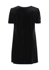 Rochie din catifea neagră cu mâneci scurte, rotunde și un croi lejer. Textură netedă, lungime până la genunchi și design minimalist.