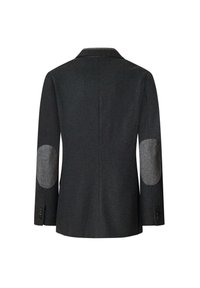 Blazer grigio scuro con una texture liscia, caratterizzato da toppe grigie sui gomiti e colletto a punta. Include polsini a bottone e una vestibilità sartoriale.