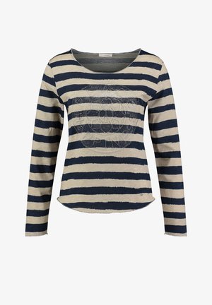 Koszula z długim rękawem w paski, z granatowymi i kremowymi poziomymi paskami, dekoltem w serek i fakturowanym wzorem graficznym z przodu.
