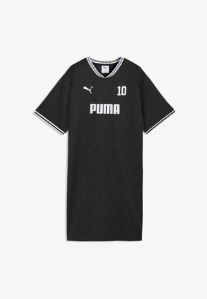 Schwarzes Puma-Sporttrikot mit weißem "PUMA"-Logo, der Zahl 10 auf der Brust, Rautenmuster sowie weiß gestreiftem Kragen und Ärmelabschlüssen.