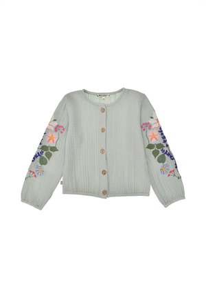 Light gray long-sleeve buttoned cardigan with textured fabric and colorful floral embroidery on both sleeves.