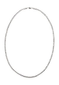 Zilveren ketting met elkaar verbonden schakels, gladde textuur en een veilige karabijnsluiting. Heeft een flexibele, ronde vorm.