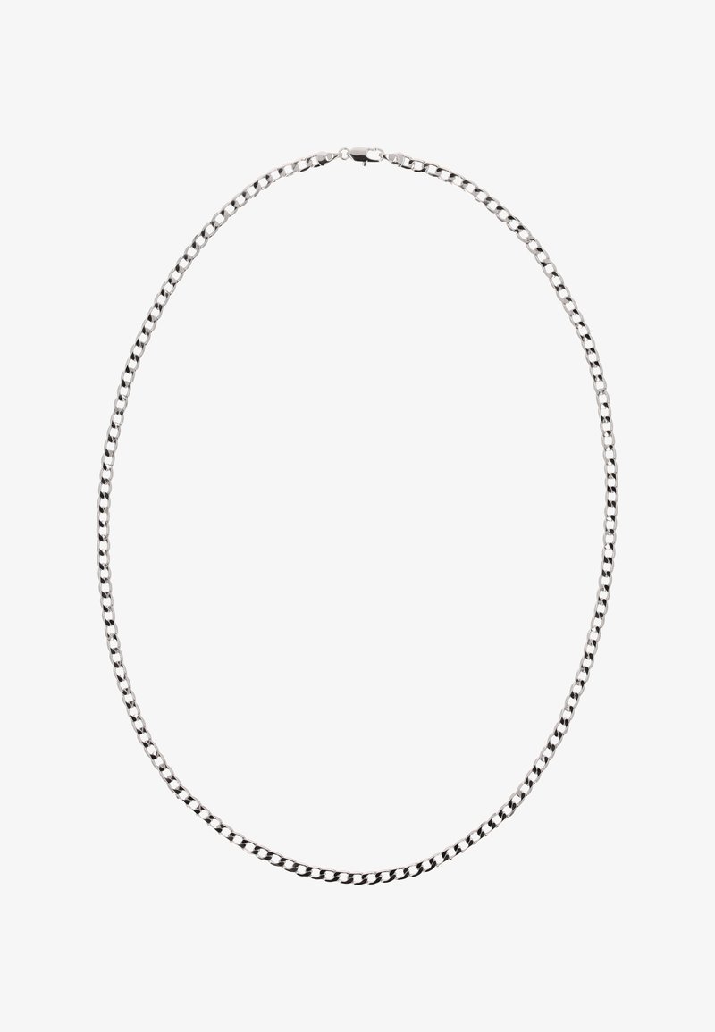 Zilveren ketting met elkaar verbonden schakels, gladde textuur en een veilige karabijnsluiting. Heeft een flexibele, ronde vorm.