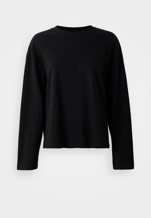 Black long-sleeve t-shirt made of a soft, lightweight fabric featuring a crew neck and a relaxed fit with minimal stitching details.