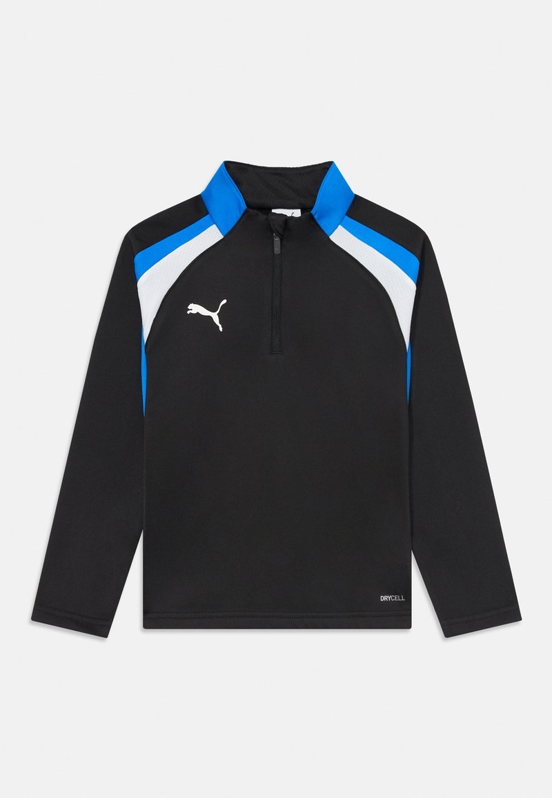 Crna dugorukava sportska majica s plavim i bijelim akcentima na ramenima, kvarterni patentni zatvarač, Puma logotip na lijevoj strani grudi i "DRYCELL" natpis blizu donjeg ruba.