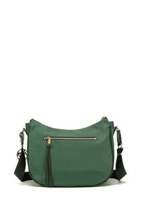 Borsa a spalla sintetica verde con superficie testurizzata, zip dorata e dettaglio a catena. Presenta un unico scomparto e una tracolla regolabile.
