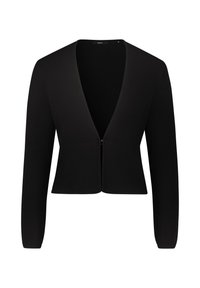 Černý krátký kardigan s hlubokým výstřihem do V, dlouhými rukávy a zipovým zapínáním. Vyroben z texturované látky s přiléhavým střihem.