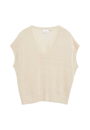 Beige ärmellose Strickweste mit V-Ausschnitt und geripptem Saum, mit dem Etikett "Comma", dargestellt vor weißem Hintergrund.