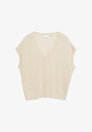 Gilet beige senza maniche in maglia con collo a V e orlo a coste, etichettato "Comma", mostrato su sfondo bianco.