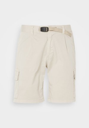 Beige cargo shorts featuring a flat front, belt loops, pleats, side pockets, and a textured fabric. Length reaches mid-thigh.