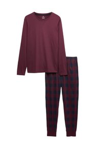 Haut à manches longues en bordeaux foncé avec col rond, et pantalon de pyjama assorti à carreaux bordeaux et bleu marine avec poignets élastiques.