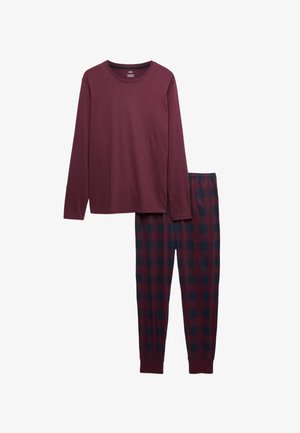 Langærmet mørk bordeaux top med rund hals og matchende bordeaux og marineblå ternede pyjamasbukser med elastiske manchetter.