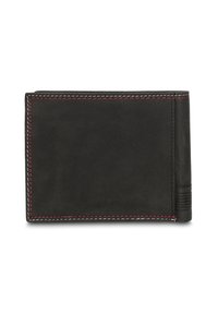 Portafoglio bifold in pelle nera con cuciture rosse e bianche. Presenta una texture liscia e un accento a coste su un lato.