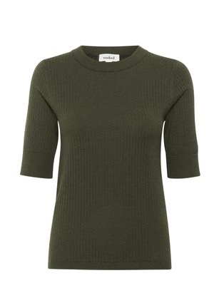 Pulover scurt cu maneci scurte, de culoare verde măsliniu, cu gât rotund. Are un model texturat și o siluetă ajustată.