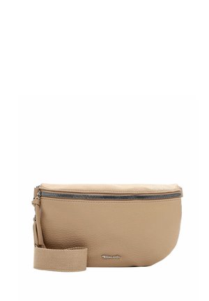 Borsa a tracolla in pelle beige con finitura testurizzata, dotata di chiusura con zip superiore e tracolla piatta e regolabile. Dettaglio del logo in argento incluso.