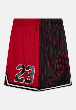 Røde og sorte basketballshorts med snøre i taljen, rød venstre side med nummer 23, sort højre side med røde striber og teksten "JORDAN".