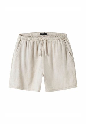 Béžové ležérne šortky z ľanovej zmesi s elastickým pásom, sťahovacou šnúrkou, bočnými vreckami a štítkom značky LMTD vo vnútri pásu.