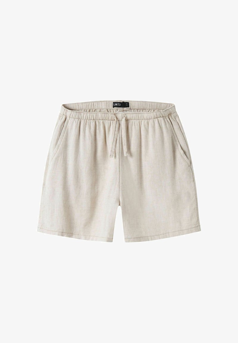 Shorts décontractés en mélange de lin beige avec ceinture élastique, cordon de serrage, poches latérales, et étiquette de la marque LMTD à l'intérieur de la taille.