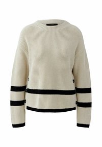 Cremfarbener gestrickter Pullover mit schwarzen horizontalen Streifen, rundem Ausschnitt und Knopfdetails an den Seiten. Texturiertes, lockeres Design.