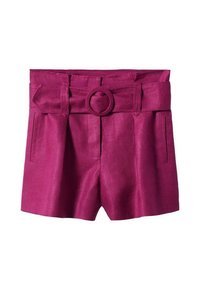 Fuchsia Leinen-Shorts mit einem breiten Bund, ausgestattet mit einer runden Gürtelschnalle und zwei Seitentaschen, glatte Textur und maßgeschneiderte Passform.