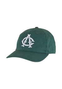 Cappellino da baseball verde realizzato in tessuto con una superficie liscia. Presenta un logo ricamato bianco sulla parte frontale e un visiera curva.