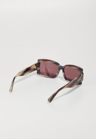 Tortoiseshell-pattern sunglasses with rectangular lenses, maroon tint, and gold accents on the temples. Textured arms for grip.