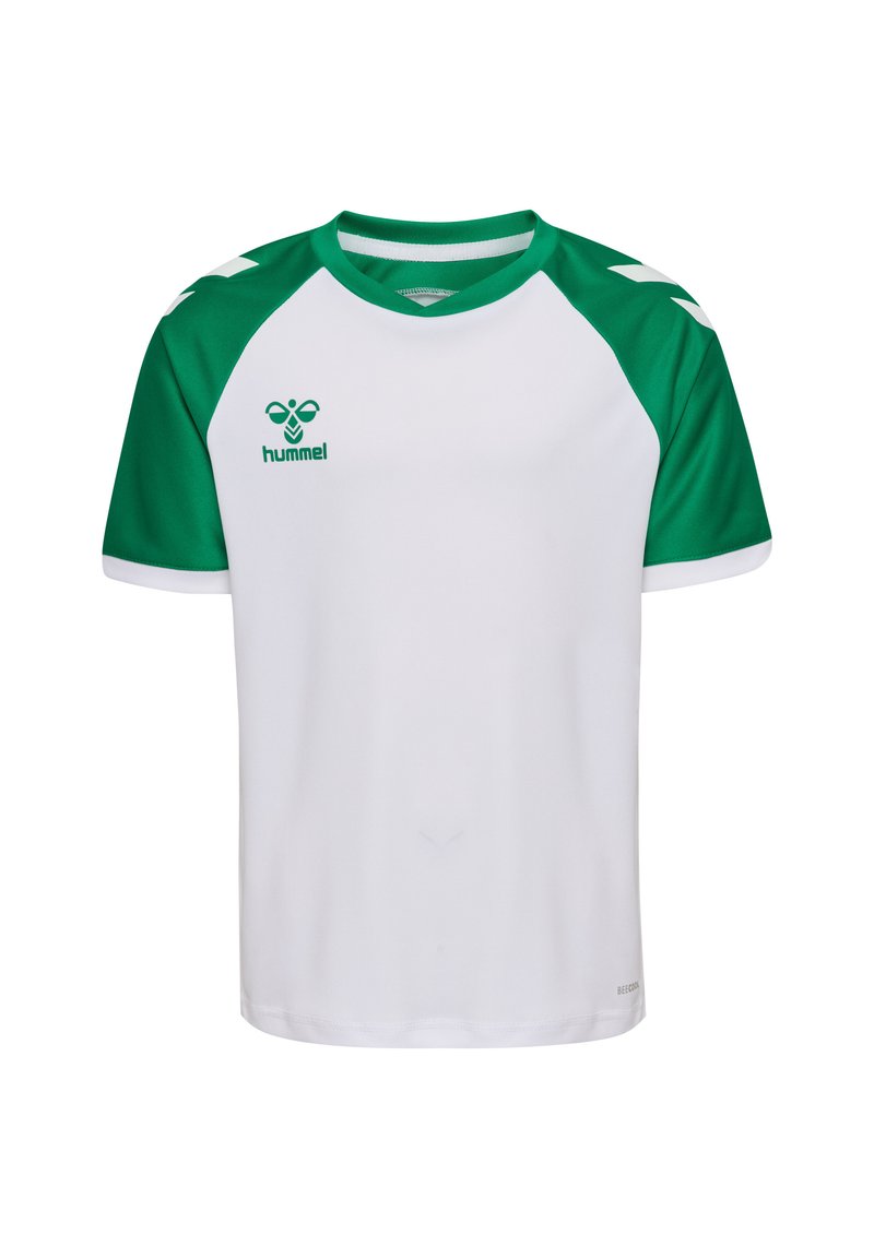Hvid atletisk skjorte med grønne raglanærmer og krave, med "hummel" logoen på øverste venstre side. Fremstillet af letvægtsstof.