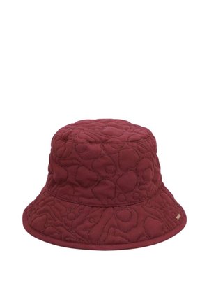 Cappello bucket trapuntato in rosso scuro con motivo astratto cucito e tesa stretta.