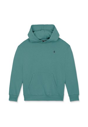 Sweat à capuche vert sarcelle avec poche kangourou à l'avant et petit logo noir sur la poitrine gauche, présenté à plat.
