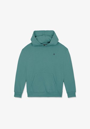 Sweat à capuche vert sarcelle avec poche kangourou à l'avant et petit logo noir sur la poitrine gauche, présenté à plat.