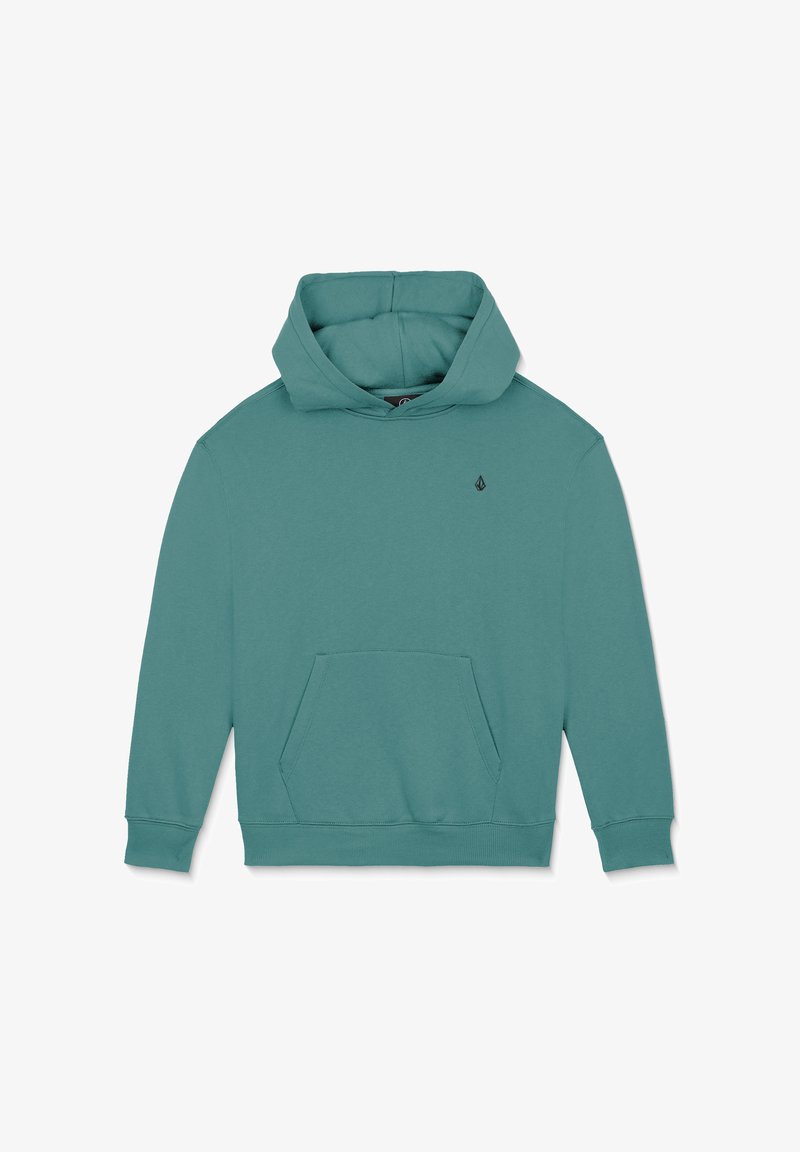 Sweat à capuche vert sarcelle avec poche kangourou à l'avant et petit logo noir sur la poitrine gauche, présenté à plat.