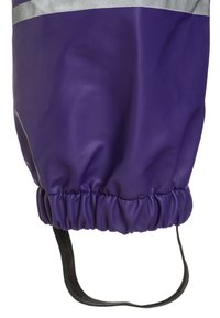 Purple waterproof jacket with a gathered hem, silver reflective strip at the top, and a black loop for hanging. Smooth, shiny texture.