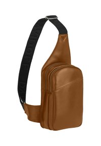 Brown leather crossbody bag with two zippered compartments and adjustable black strap with embossed text.