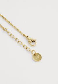 Goldkette mit großen Gliedern, ausgestattet mit einem Karabinerhaken und einem runden Anhänger, der mit "LIU JO" graviert ist. Glatte, glänzende Oberfläche, einheitliche Farbe.