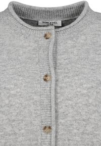 Light gray cardigan made of soft, textured knit fabric. Features a round neck, button closure with wooden buttons, and ribbed accents.