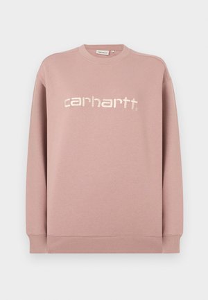 hele roosa pusa pehme kangaga, ümar kaelus ja soonikkäised. Esiküljel on valge tikitud logo: "carhartt."