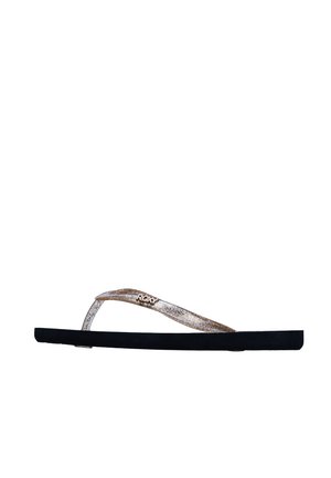 Musta pohjallinen varvastossu, jossa on läpikuultavat kimaltavat ruskeat hihnat ja sivuhihnassa "ROXY"-brändilogo, eristetty valkoisella taustalla.