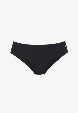 Black seamless bikini bottoms with a low-rise cut and a small round gold logo charm on the left waistband.