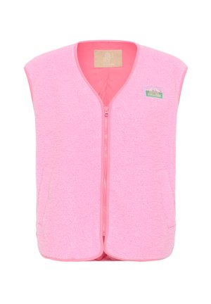 Rožinė fliso be rankovių liemenė su priekiniais užtrauktukais ir maža uždėtine etikete viršutiniame kairiajame krūtinės kampe, pagaminta iš tekstūruotos minkštos medžiagos.