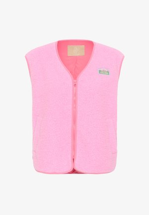 Chaleco sin mangas de forro polar rosa con cremallera frontal y un pequeño parche en la parte superior izquierda del pecho, fabricado con un tejido suave y texturizado.