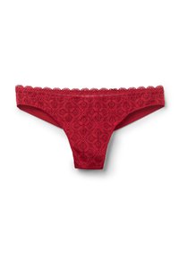 Red lace thong with a floral pattern, scalloped edges, and a solid red lining. Features a low-rise design and soft texture.