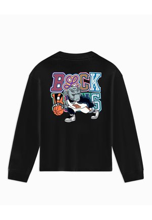 Zwarte lange mouwen shirt met een kleurrijke cartoonleeuw die een basketbal dribbelt, met in het vet gedrukte tekst "BLOCK BULLS."