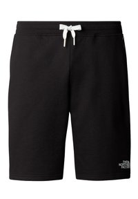 Pantalones cortos de algodón negros con cintura elástica, cordón blanco y un pequeño logo blanco en la pierna izquierda. Textura suave, hasta la rodilla.