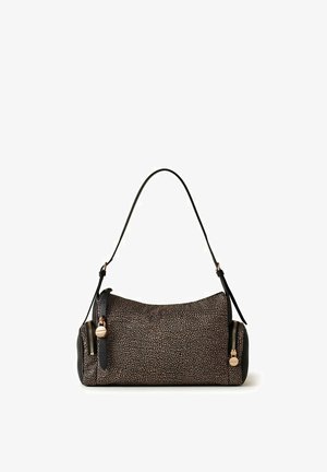 Borsa a tracolla marrone e nera con texture, due tasche laterali con zip e cursori dorati.