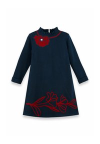 Dunkelblaues Langarmkleid mit roter Blumenbestickung an der Schulter und am Saum sowie einem Rüschenausschnitt.