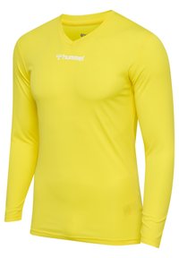Langarmshirt in leuchtendem Gelb. Hergestellt aus leichtem Stoff, mit V-Ausschnitt und einem weißen Hummel-Logo auf der Brust. Glatte Textur.